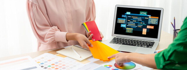 Software development or programming work with coding screen of various programming languages like HTML, , , and C brisk for new application development