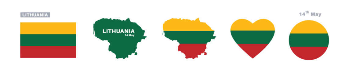 lithuania flag and map set. lithuania flag in official colors and proportions. independence day 14 may, map, circle and heart shaped lithuania 
