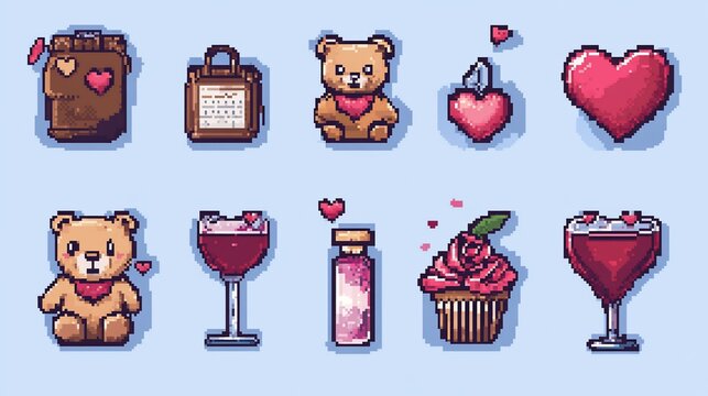 Pixel art Valentine's Day icons; gifts, hearts, blue background; website design