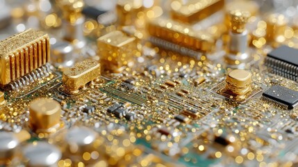 Gold detailed motherboard circuits with bokeh