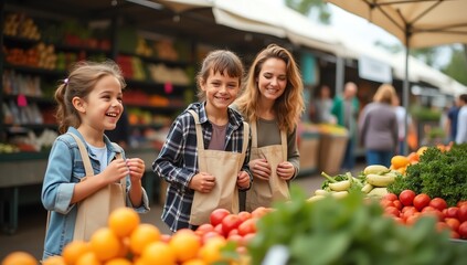 Happy Family Shopping for Fresh Produce at a Farmers Market