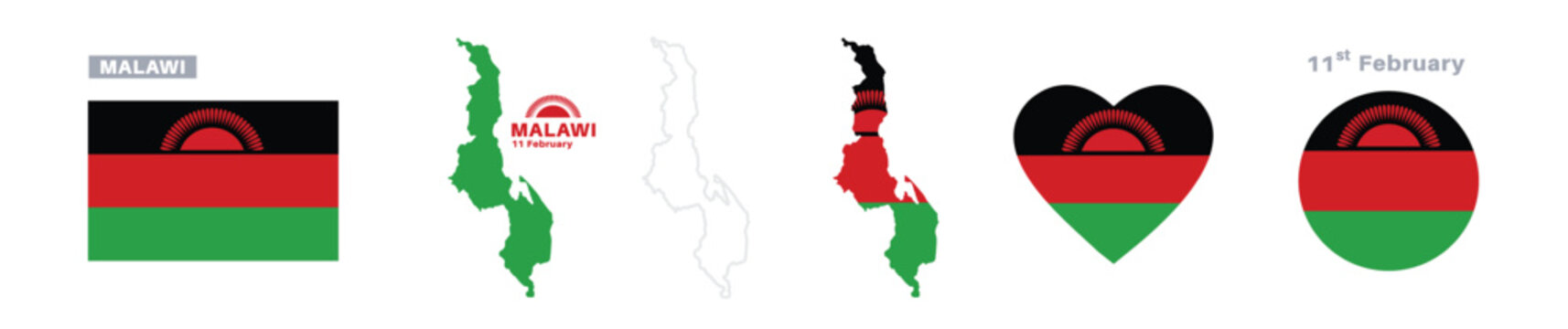malawi flag and map set. malawi flag in official colors and proportions. independence day 11 february , map, circle and heart shaped malawi 