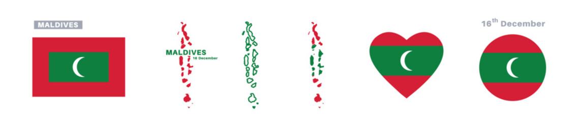 maldives flag and map set. maldives  flag in official colors and proportions. independence day 16 december , map, circle and heart shaped maldives 