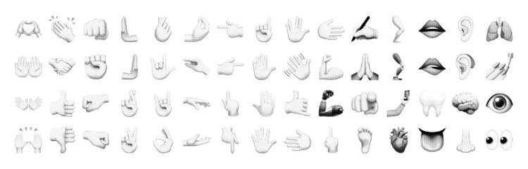 Set of Halftone Hand Gestures and Body Parts Icons Vector Isolated