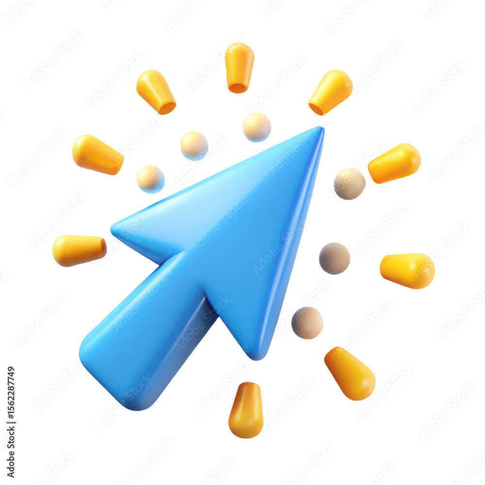 Poster blue arrow cursor click pointer with floating spheres and capsules on black background render design