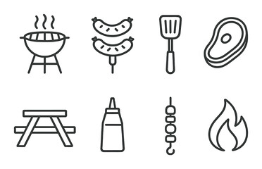 Bbq party icons set &ndash; outline, grilling and picnic symbols for summer events