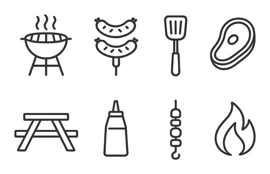 Bbq party icons set – outline, grilling and picnic symbols for summer events