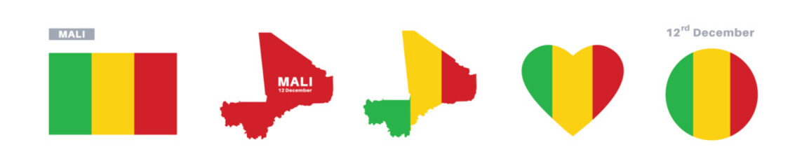mali flag and map set. mali flag in official colors and proportions. independence day 12 december , map, circle and heart shaped mali 