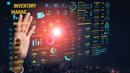 Inventory management dashboard showing supply chain performance, stock levels, order cycle times,...