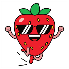 Jumping strawberry character fruit emoji illustration, perfect for Valentine Day treats and joyful food branding.