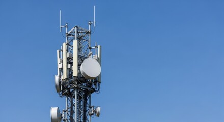 A Tall Communication Tower with Many Antennas Against a Clear Blue Sky