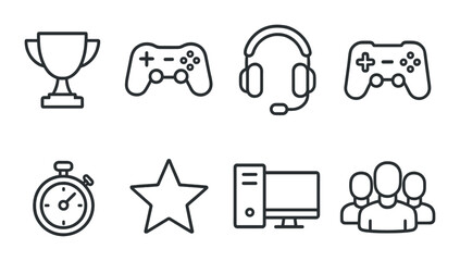 Gaming tournament icons set – outline, esports and competition symbols