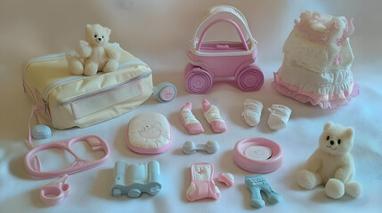 Baby doll accessories.  A collection of miniature items, including a stroller, teddy bears, clothing, and various other accessories for a baby doll