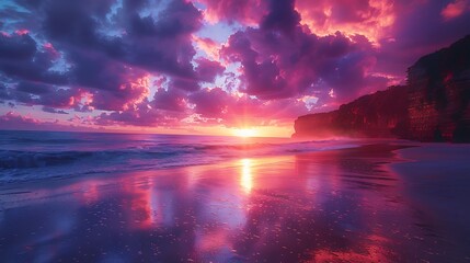 A vibrant sunset reflecting on the beach with dramatic clouds and a rocky coastline