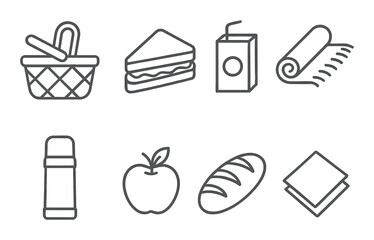 Picnic essentials icons set – line, simple outdoor and food symbols for design
