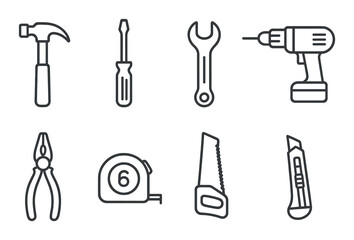 Diy tools icons set – silhouette, home improvement and repair tool symbols