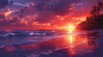 A vibrant sunset over a tropical beach with palm trees and colorful clouds above it