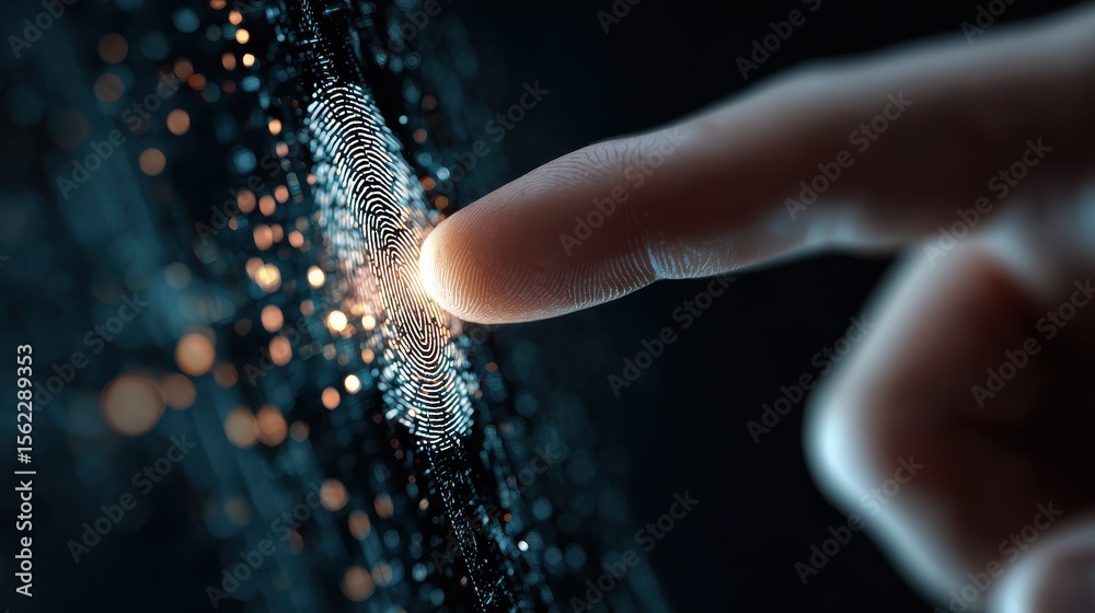 Poster finger unlocking digital security system; data stream background
