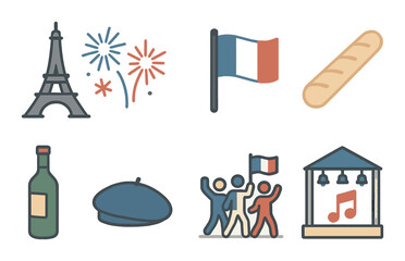 Bastille day celebration icons set – outline, french holiday and festival symbols