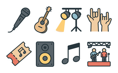 Concert icons set – linear, music event and performance symbols