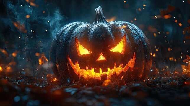 Spooky Jack-o-Lantern PNG with Glowing Eyes and Creepy Grin for Halloween, Horror, and Festive-Themed Illustrations