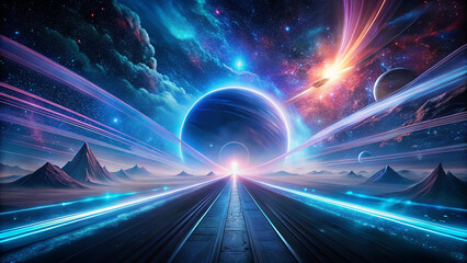 Surreal Sci-Fi Landscape with Glowing Planet, Sunrise Horizon, and Colorful Energy Trails in Outer Space