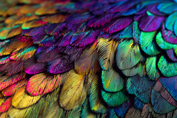 Close-up of iridescent bird feathers with a vibrant rainbow color gradient.
