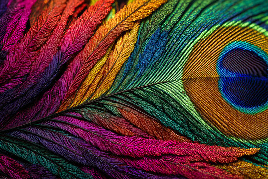 Close-up of a vibrant peacock feather with water droplets.