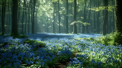 A serene forest floor covered in a vibrant carpet of blue flowers under sunlight trees