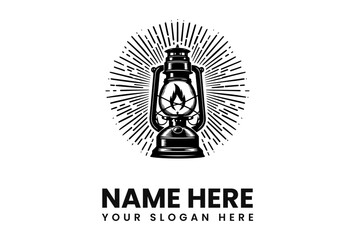 Illustration of a vintage kerosene lantern with a radiating burst background, presented in black and white.