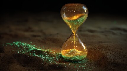 Sand leaves glowing trails in phosphorescent hourglass. Waist controls fade duration. Chamber accumulates light memories.
