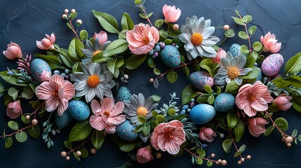 A floral arrangement with easter eggs featuring pink and gray flowers on dark background
