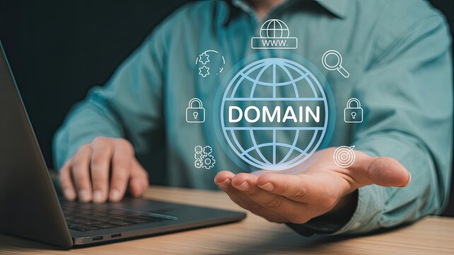 Man holding a digital globe with the word domain and icons representing web security and search on a laptop background