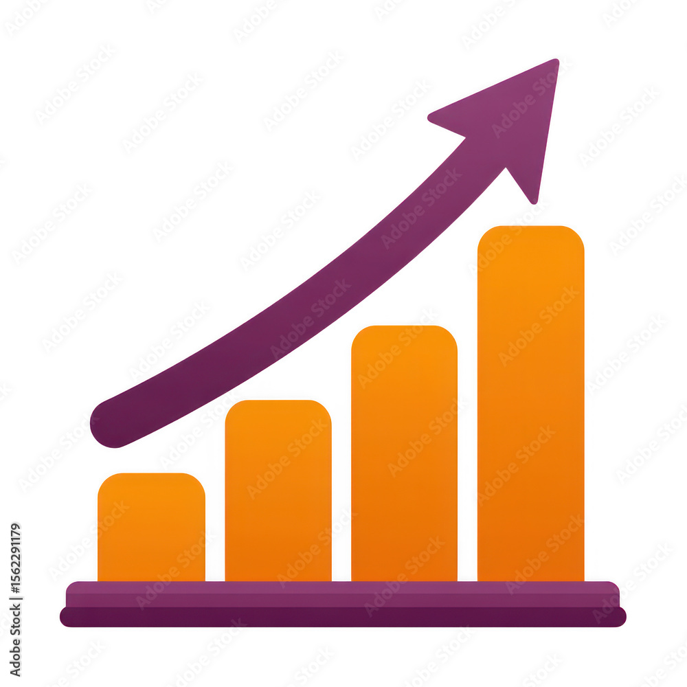 Poster bar chart with upward trending arrow showing growth and progress isolated on transparent background