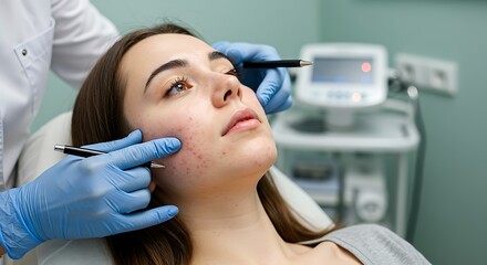 A dermatologist examining a young woman&rsquo;s face with acne in a bright and sterile clinic