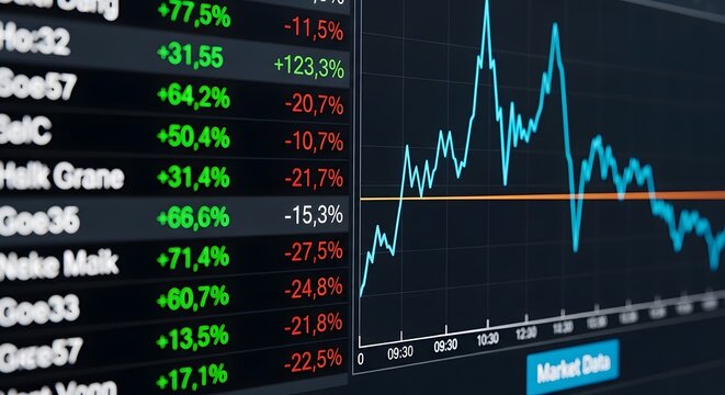 Financial stock market data displayed with fluctuating graphs and numerical information. - Powered by Adobe