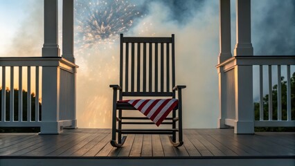 Empty rocking chair on a porch with fireworks in the background. independence day concept