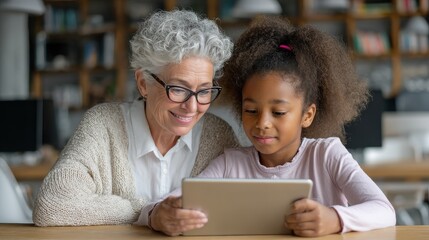 Happy mature female teacher educator helping African American junior school kid girl student using digital tablet computer education program app technology during elementary class lesson in classroom