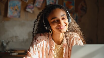 Smiling young african american teen girl wear headphones video calling on laptop. Happy mixed race pretty woman student looking at computer screen watching webinar or doing video chat by webcam., no 