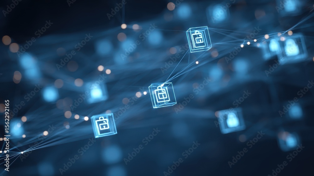 Poster secure document sharing solutions concept, futuristic digital network with glowing padlock icons con