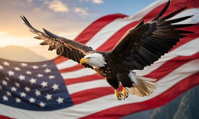 Bald eagle flying above american flag