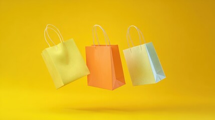 The vibrant collection of floating shopping bags on a sunny yellow background.