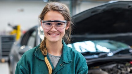 A horizontal view of a young girl in mechanic uniform and safety glasses repairing a car in the automotive training school while smiling at the camera, no logos, no brands