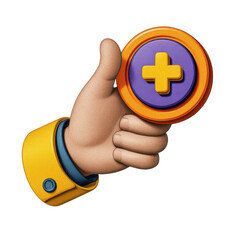 Obraz premium Stylized cartoon hand holding a golden coin with a purple plus sign isolated on transparent background