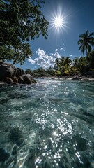 Fototapeta premium Sunlight glimmers on clear water surrounded by tropical greenery and rocks Generative AI