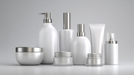 Assortment of various cosmetic containers on white , studio shot, skincare
