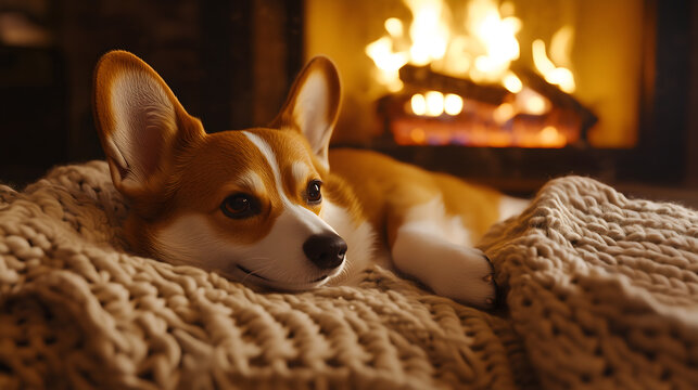 fluffy Corgi lying on a soft knitted blanket near a fireplace  slep