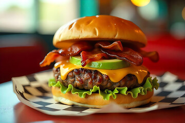 hamburger on a wooden table , plat , hamburger, burger, food, cheeseburger, cheese, beef