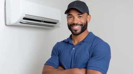 Hvac technician smiling with arms crossed in front of air conditioner unit
