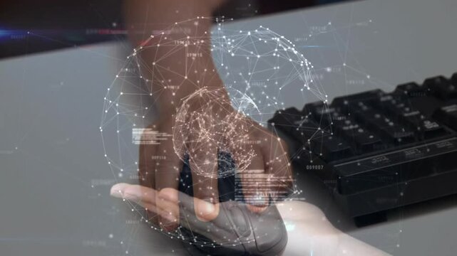 Hand clicking mouse initiating digital assistance, showing code streams and spinning network globe